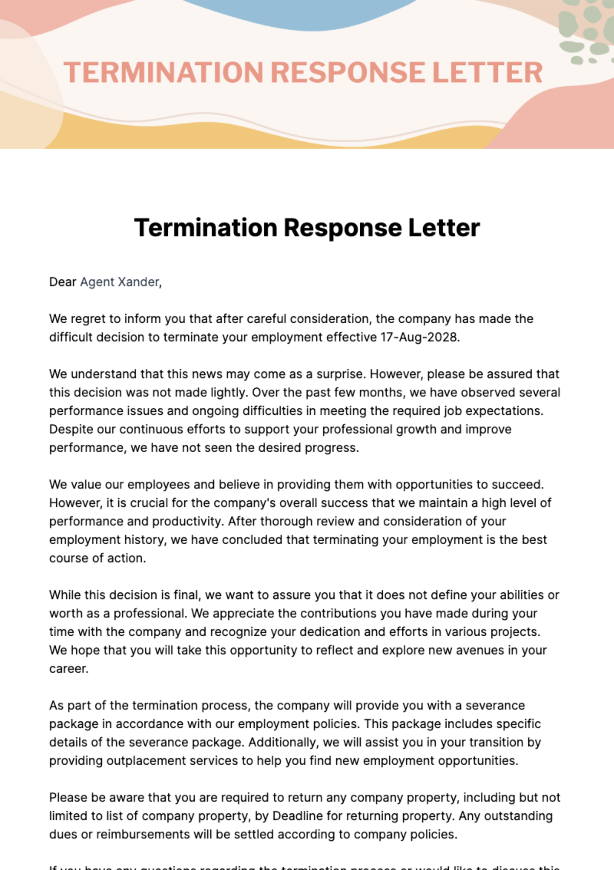 Termination Response Letter Template