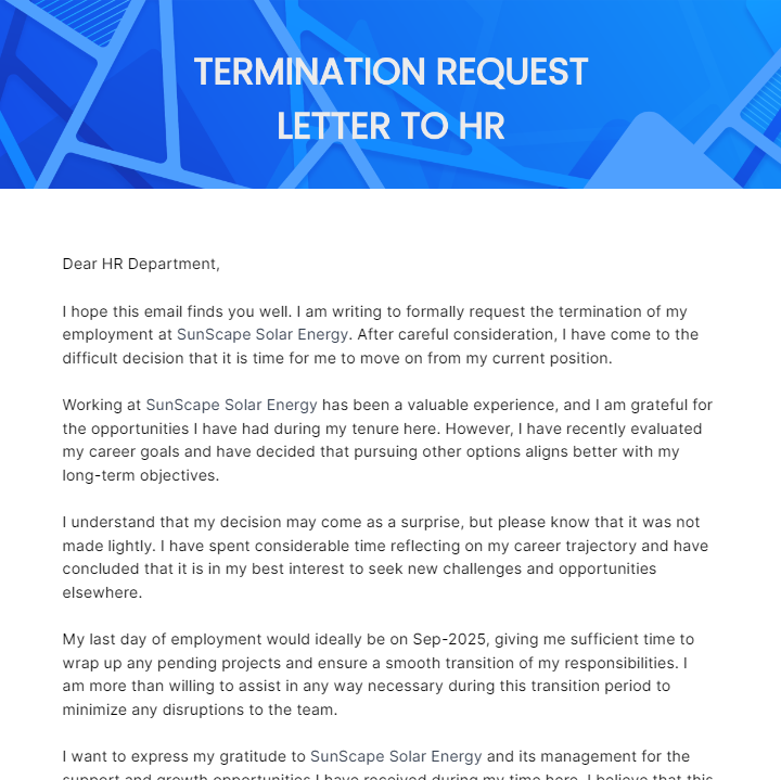 Termination Request Letter To Hr Template