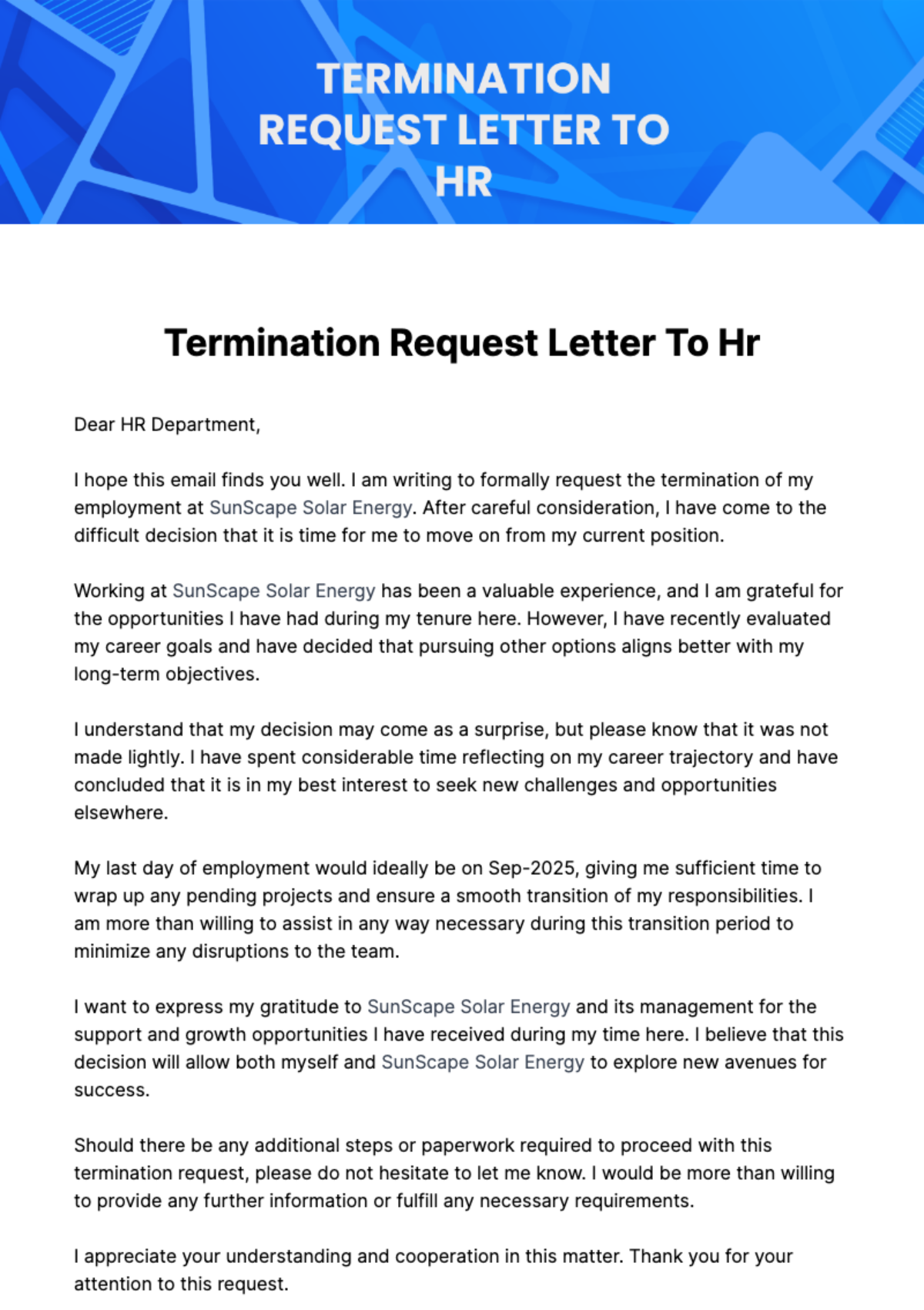 Free Termination Request Letter To Hr Template