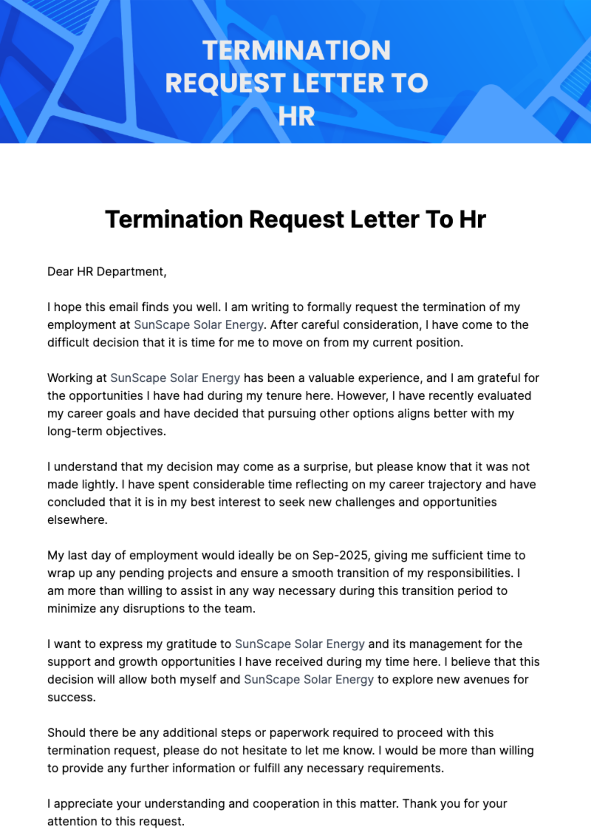 Termination Request Letter To Hr Template