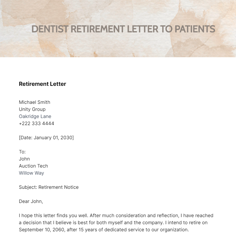 Dentist Retirement Letter To Patients Template