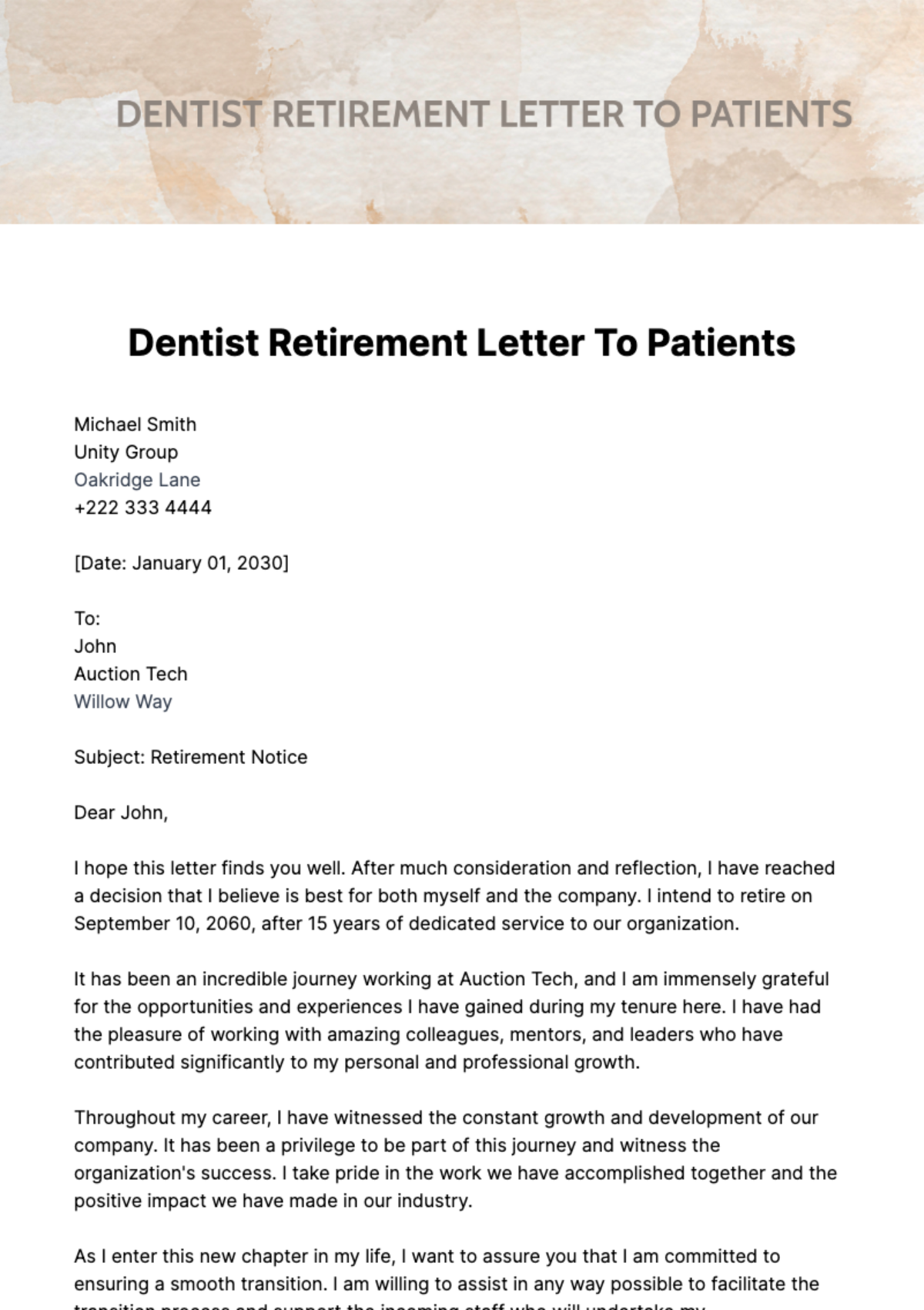 Dentist Retirement Letter To Patients Template