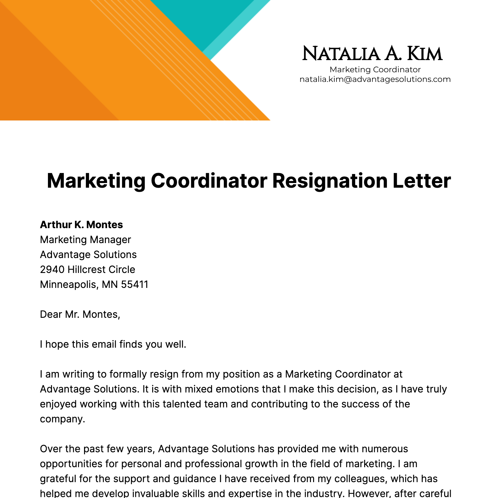 Marketing Coordinator Resignation Letter  Template