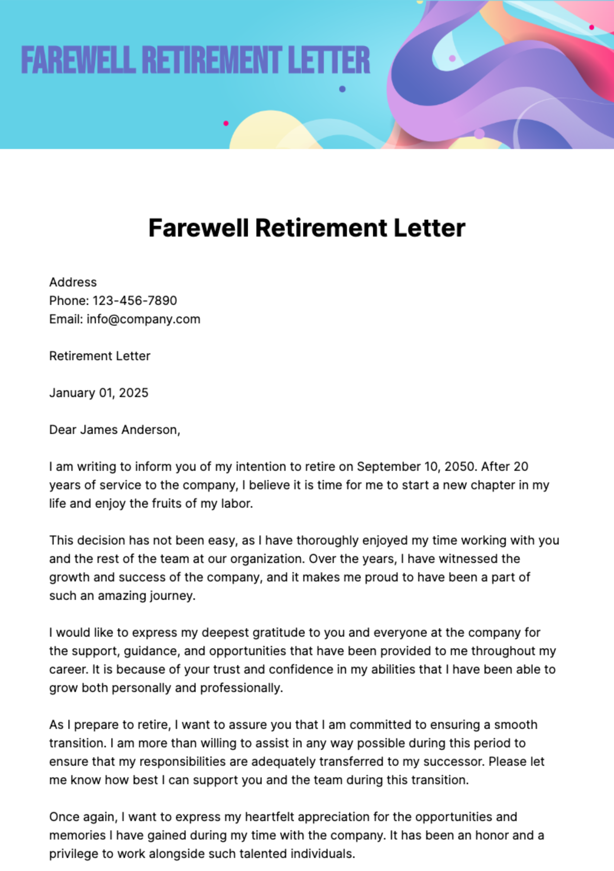 Free Farewell Retirement Letter Template