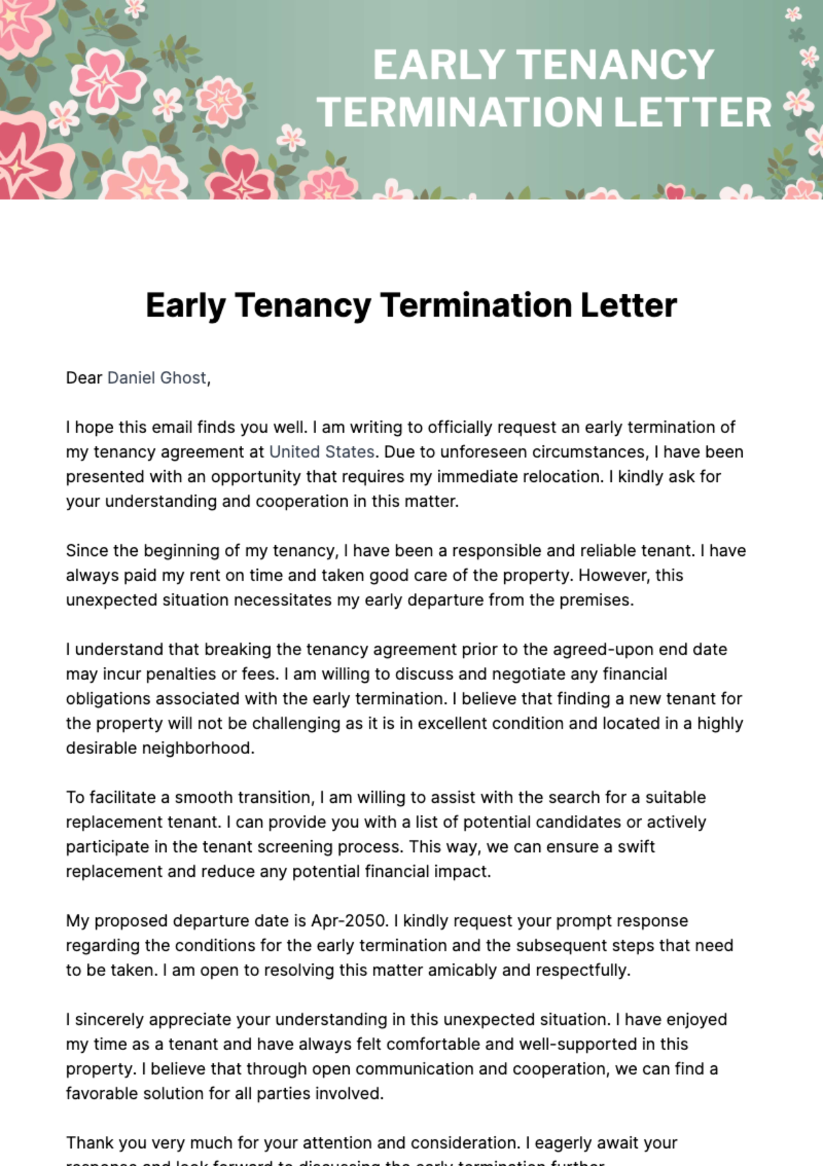Free Early Tenancy Termination Letter Template