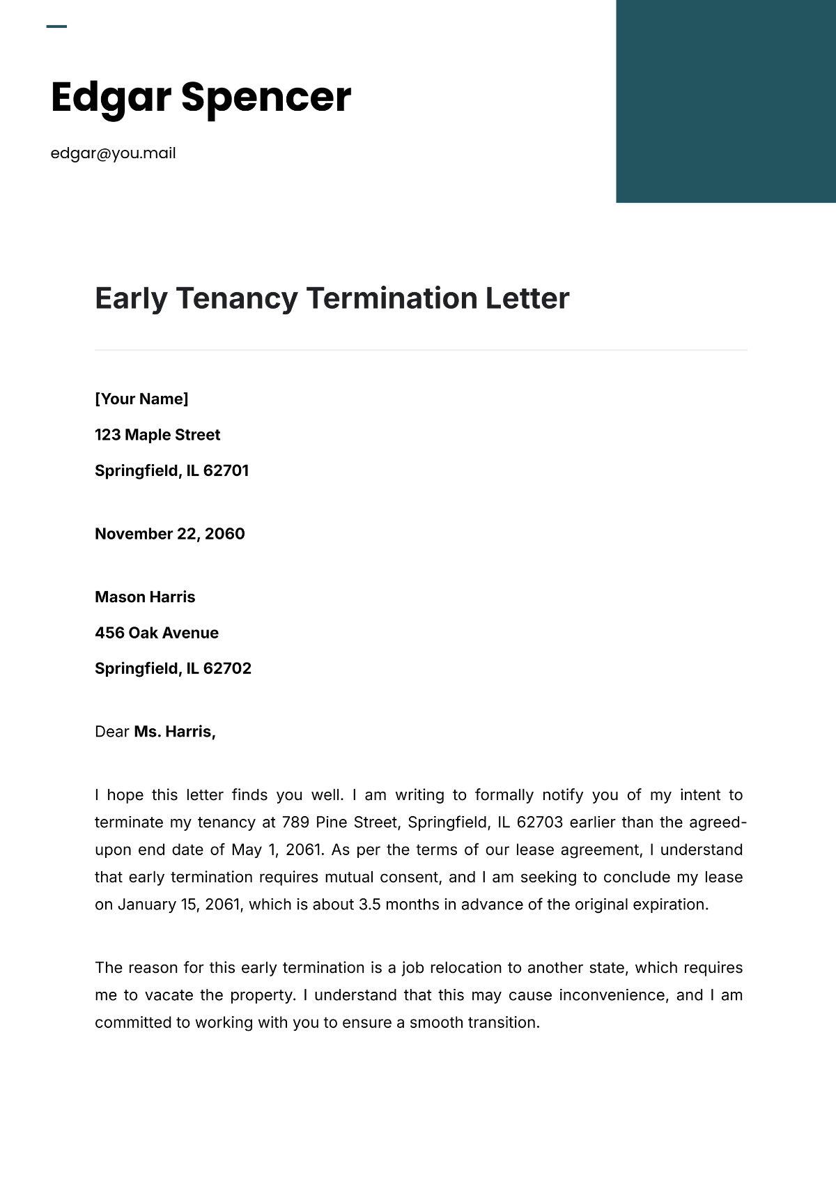 Early Tenancy Termination Letter Template - Edit Online & Download