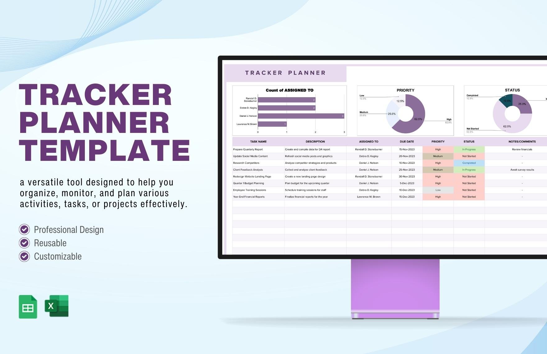 Tracker Planner Template in Excel, Google Sheets
