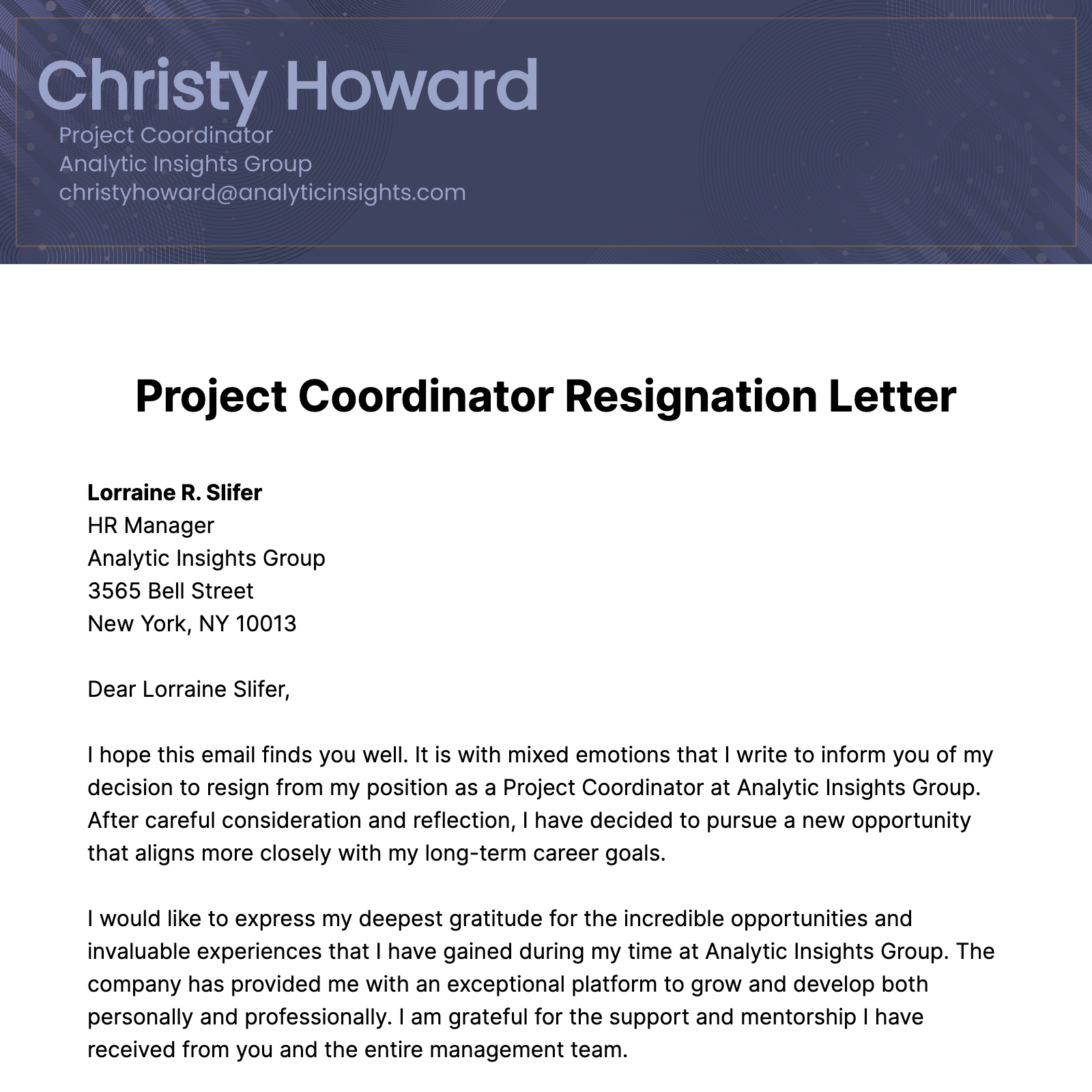 Project Coordinator Resignation Letter  Template