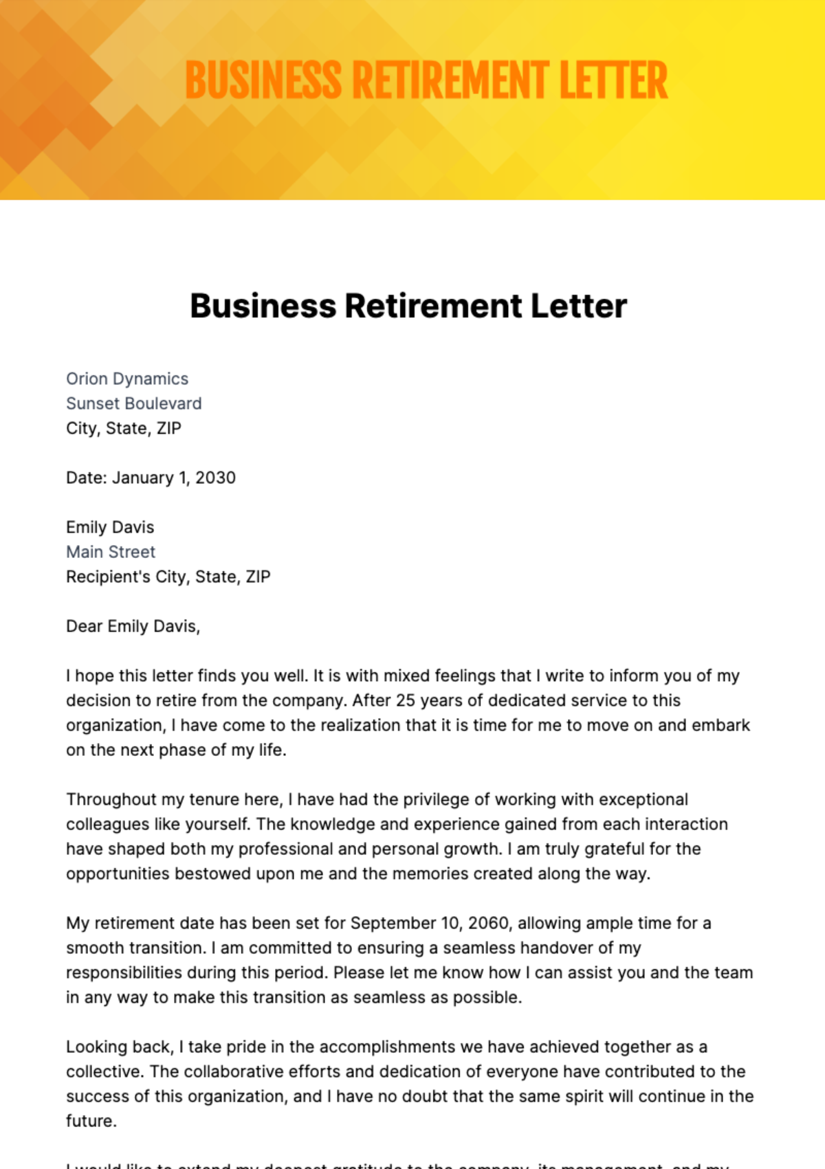 Free Business Retirement Letter Template