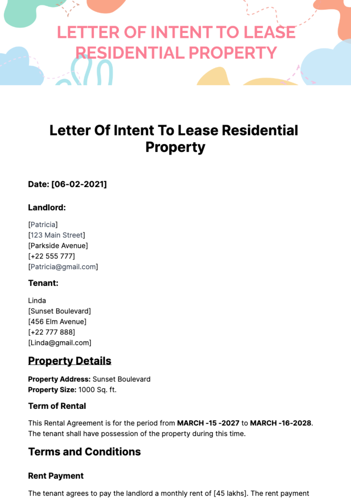 Free Letter of Intent to Lease Residential Property Template