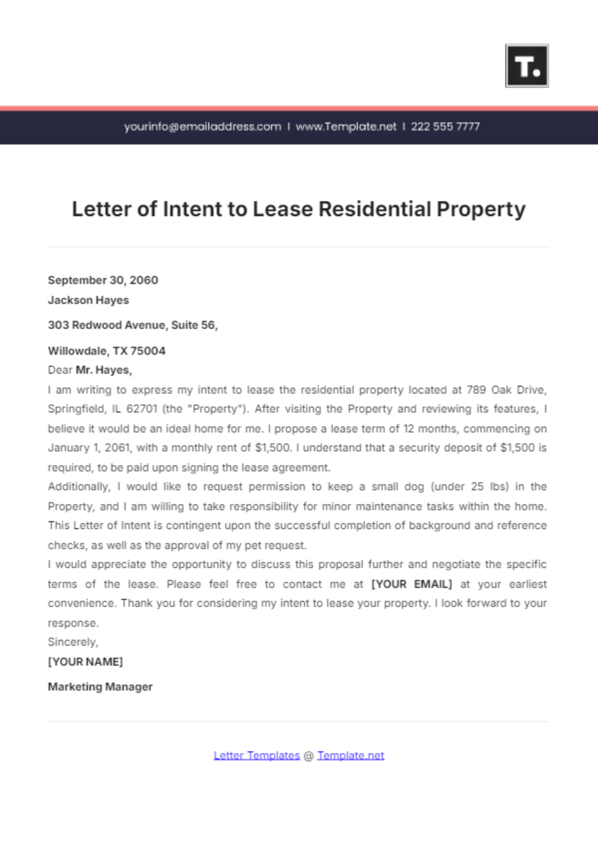 Letter of Intent to Lease Residential Property Template - Edit Online & Download