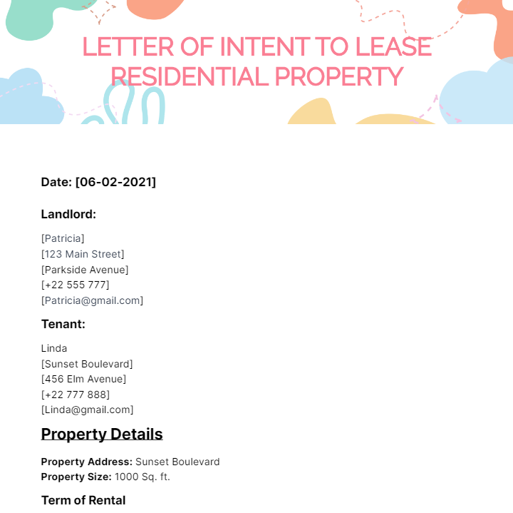 Letter of Intent to Lease Residential Property Template