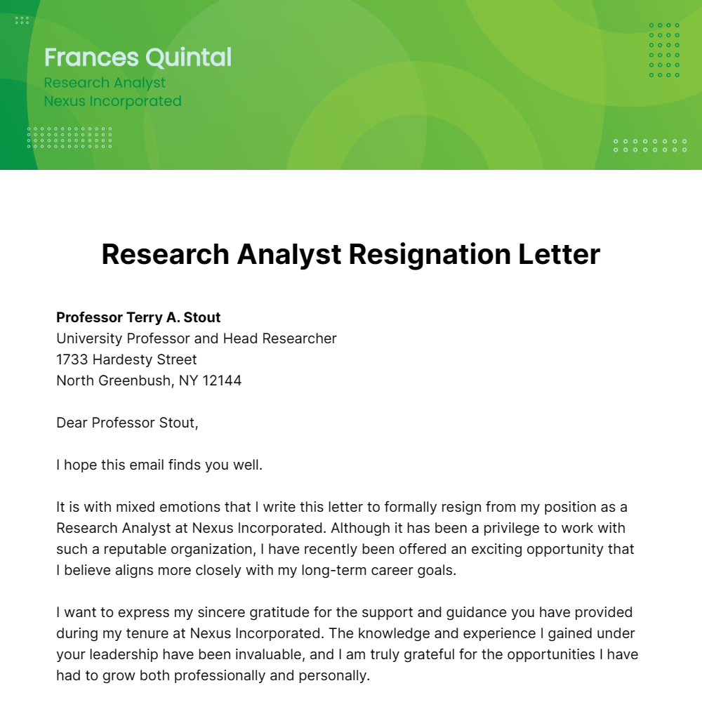 Free Research Analyst Resignation Letter  Template