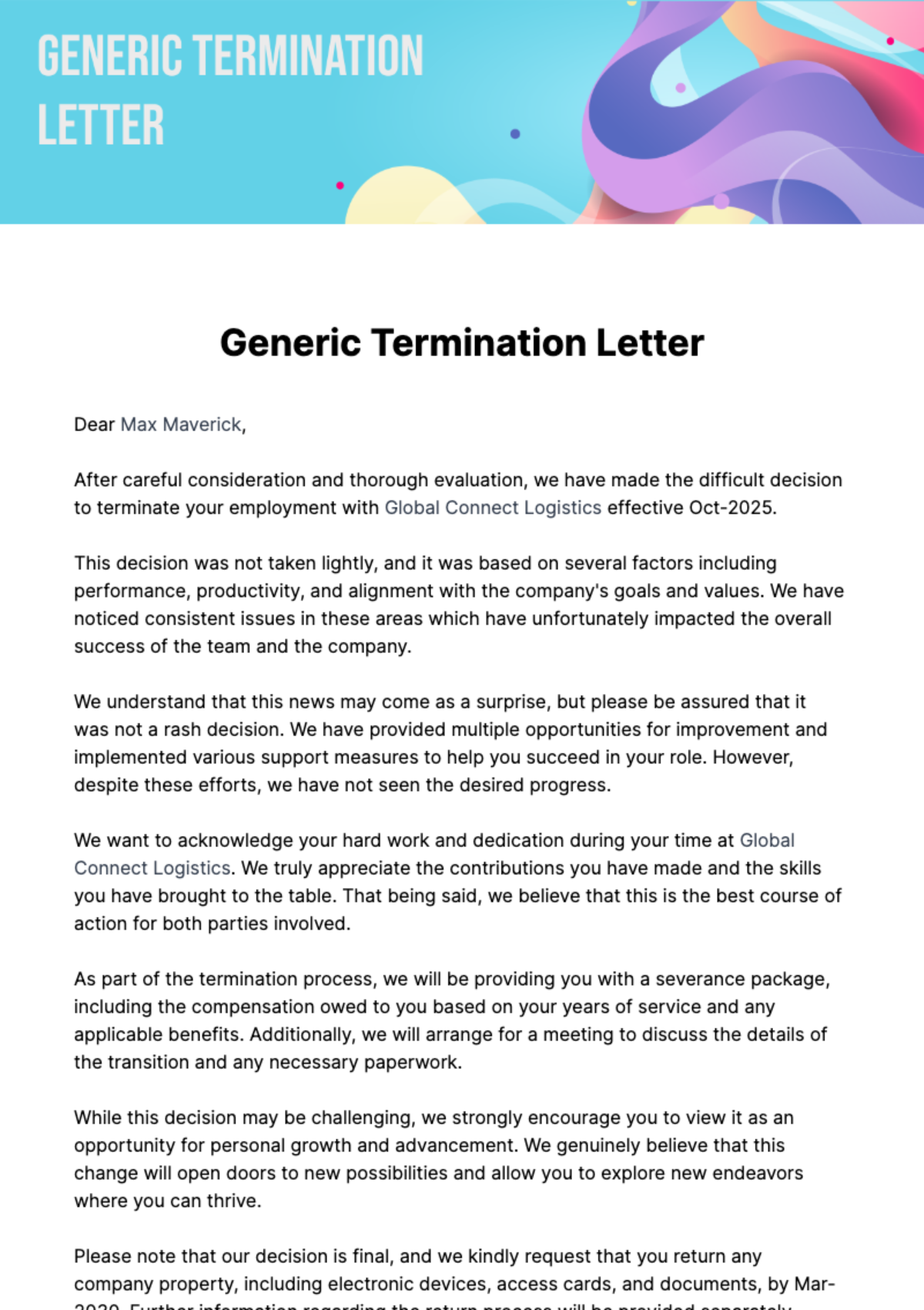 Free Generic Termination Letter Template