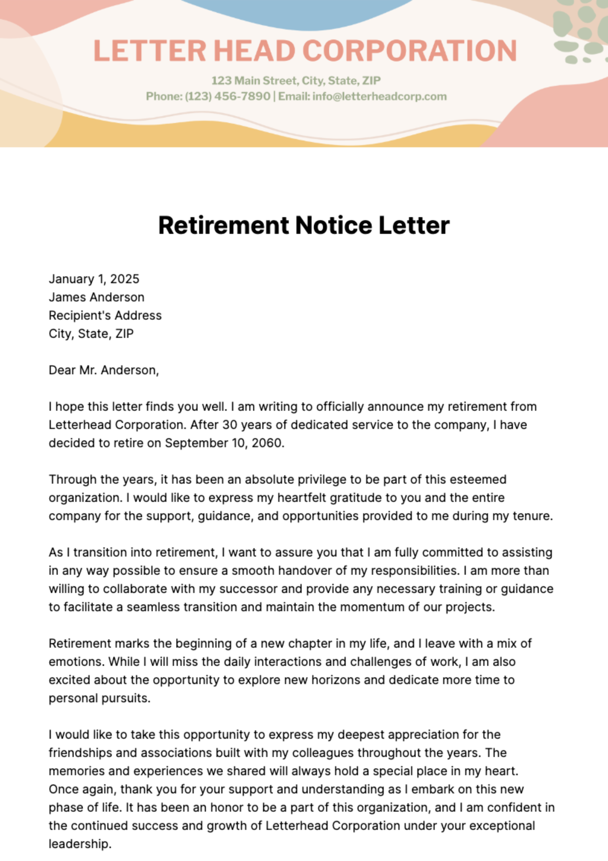 Free Retirement Notice Letter Template