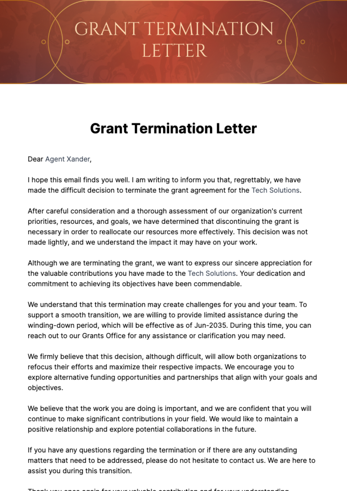 Grant Termination Letter Template