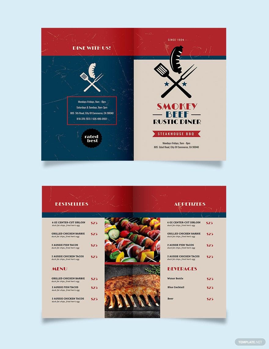 Steakhouse BBQ Restaurant Take-out Bi-fold Brochure Template in InDesign, Word, Illustrator, Publisher, PSD, Pages - Download | Template.net