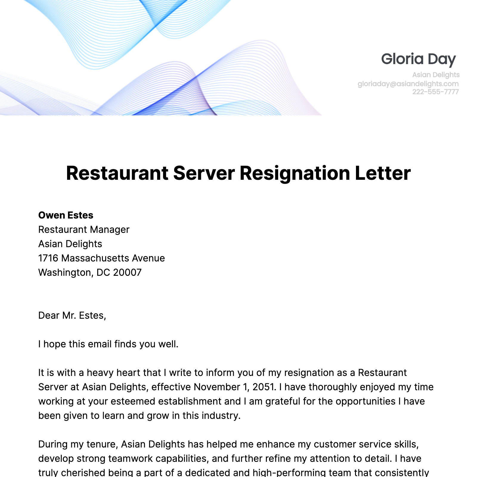 Free Restaurant Server Resignation Letter  Template