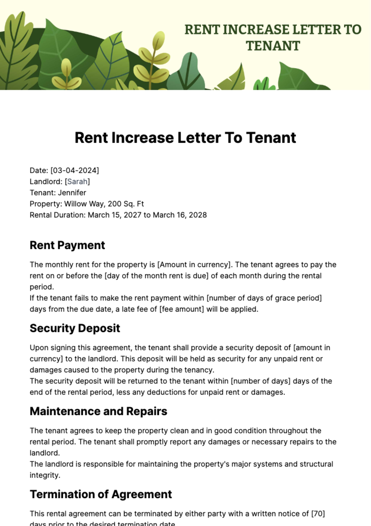 Free Rent Increase Letter to Tenant Template