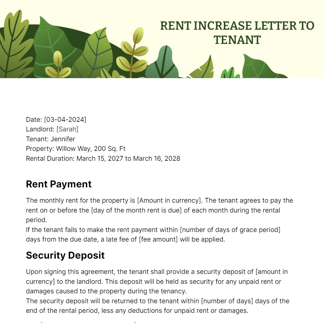 Rent Increase Letter to Tenant Template
