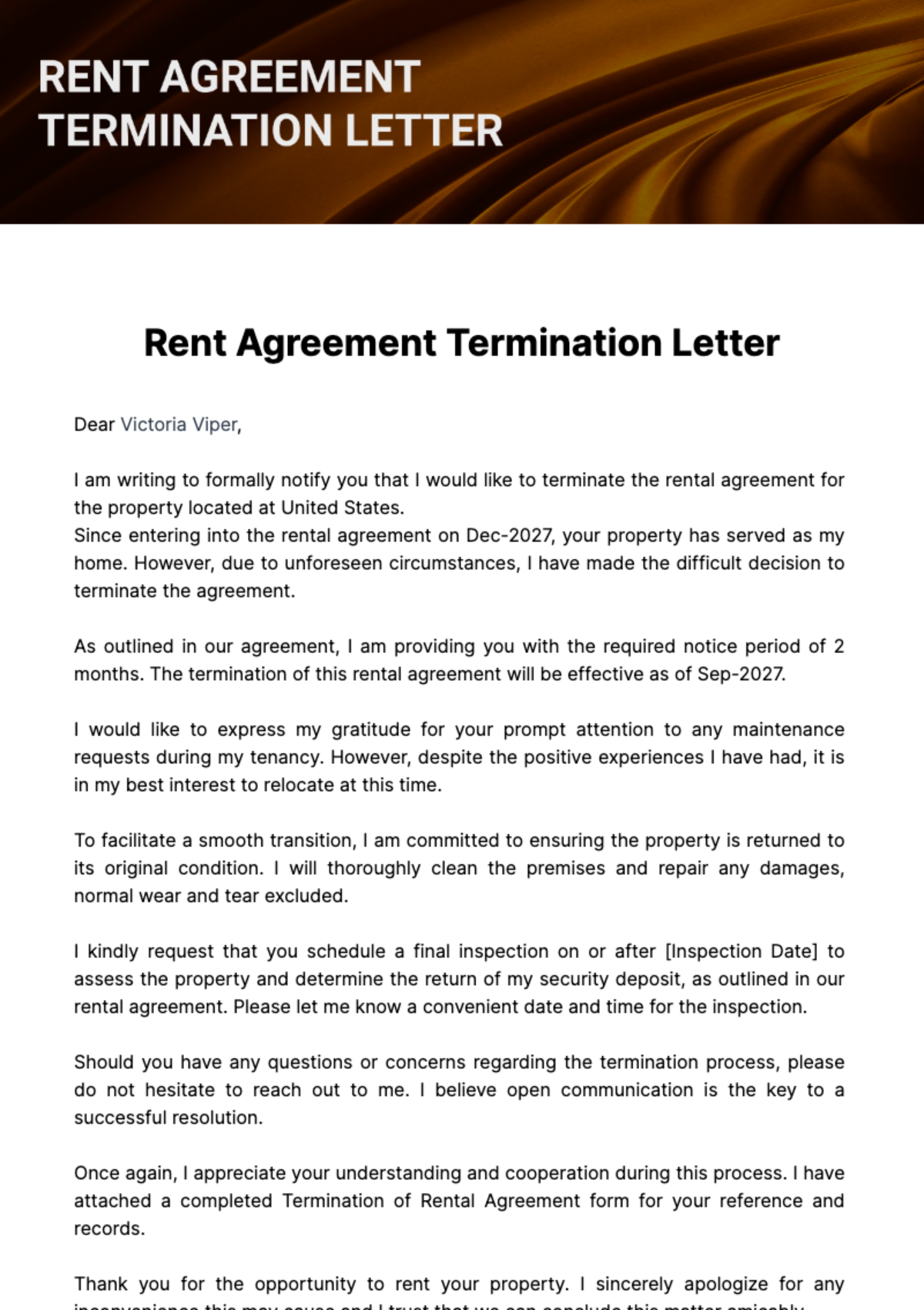 Free Rent Agreement Termination Letter Template