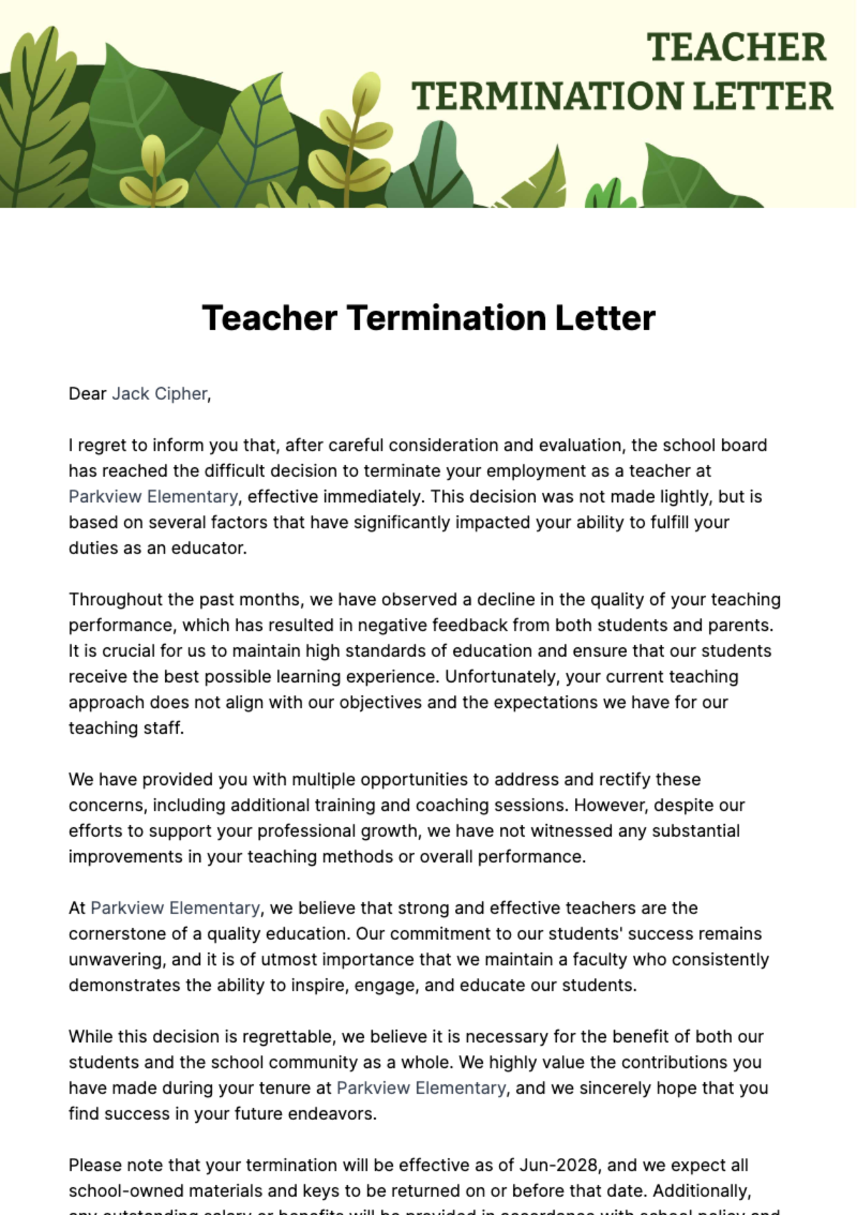Free Teacher Termination Letter Template