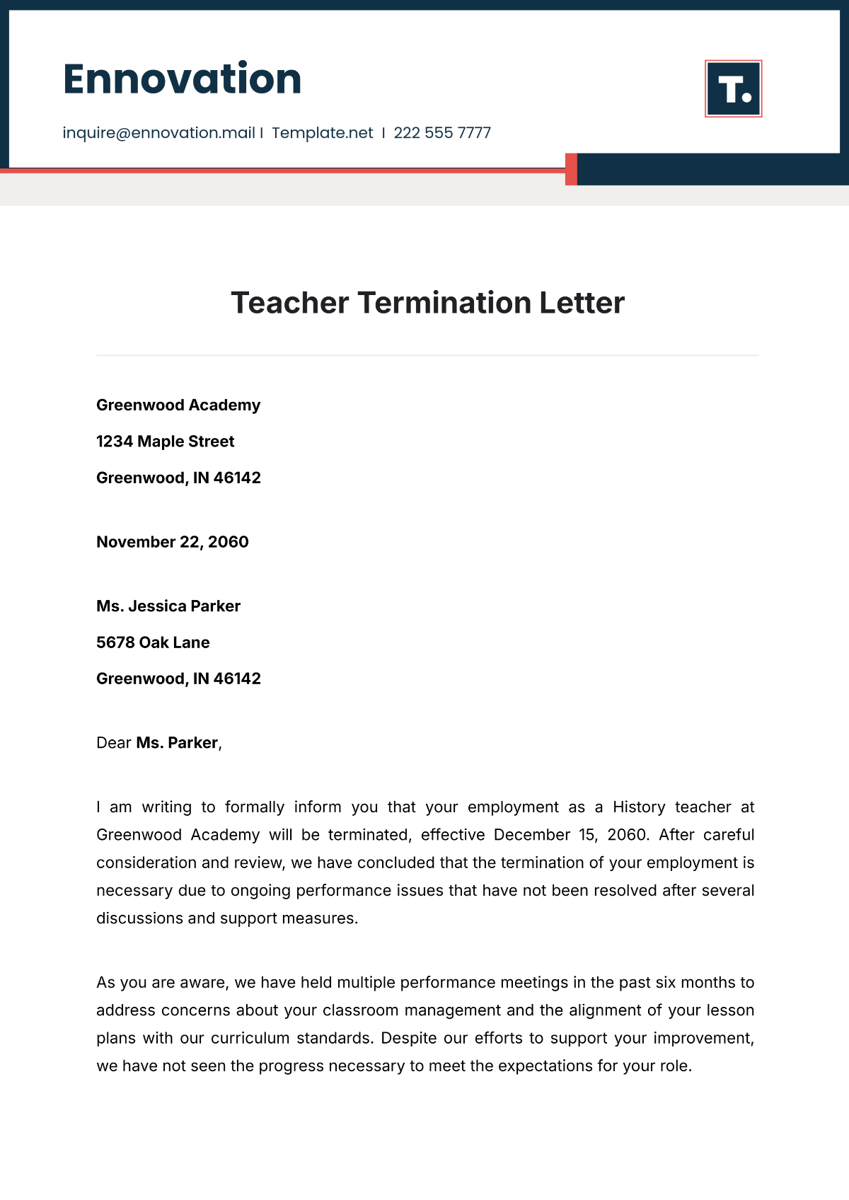 Teacher Termination Letter Template - Edit Online & Download