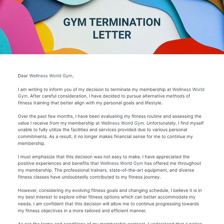Gym Termination Letter Template
