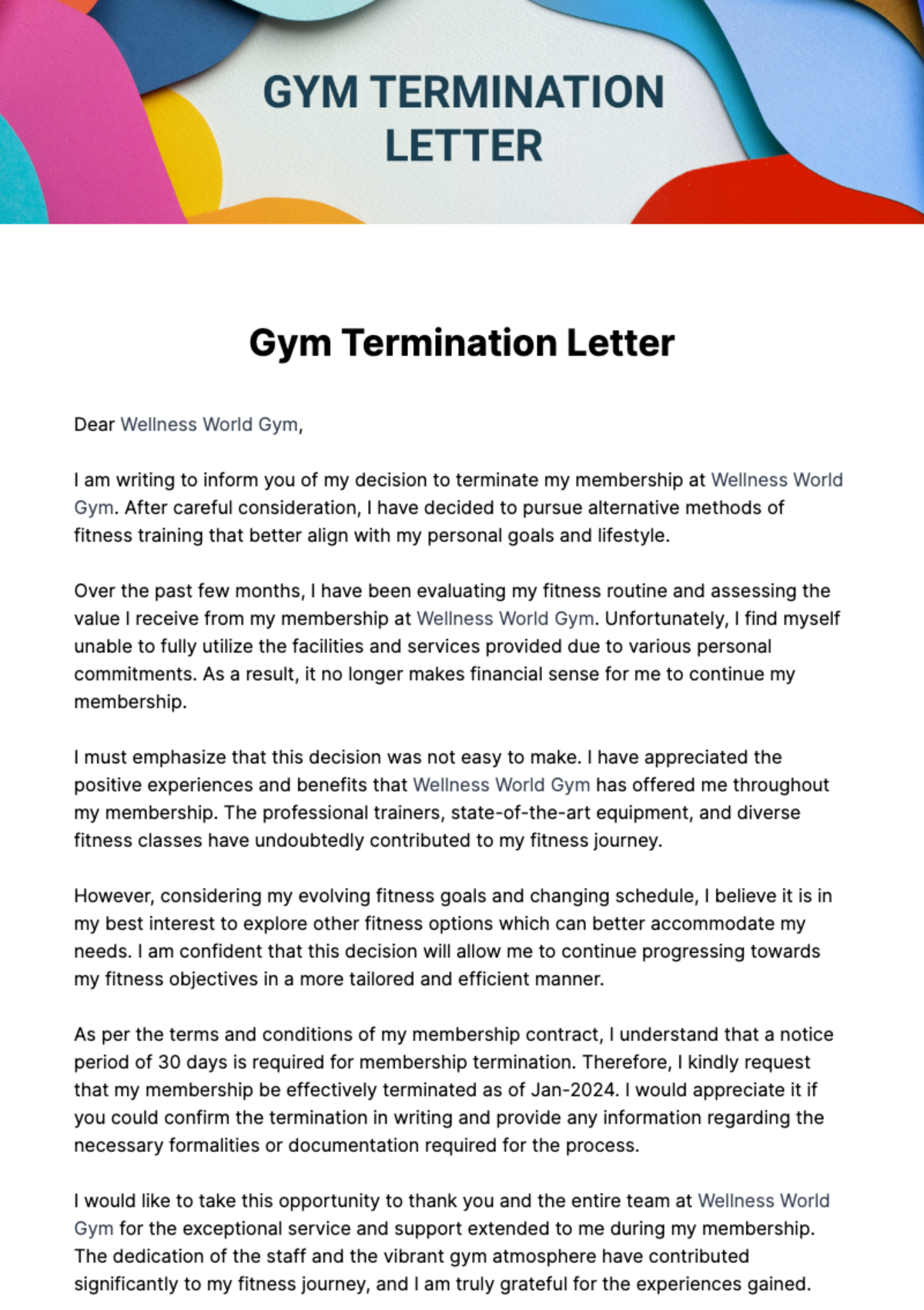 Free Gym Termination Letter Template