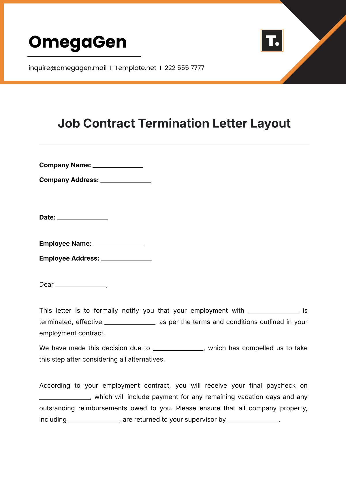 Job Contract Termination Letter Layout Template