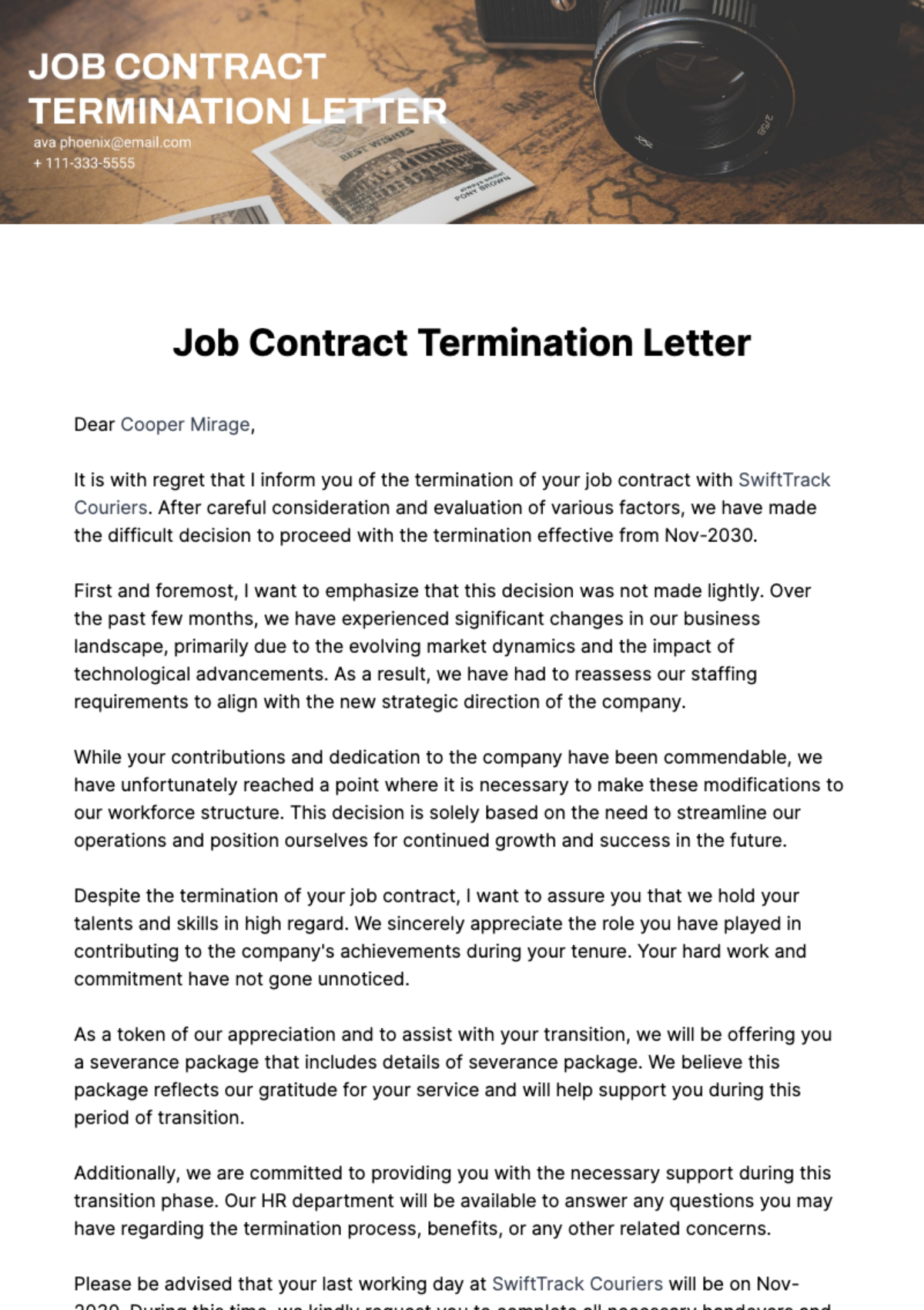 Free Job Contract Termination Letter Template
