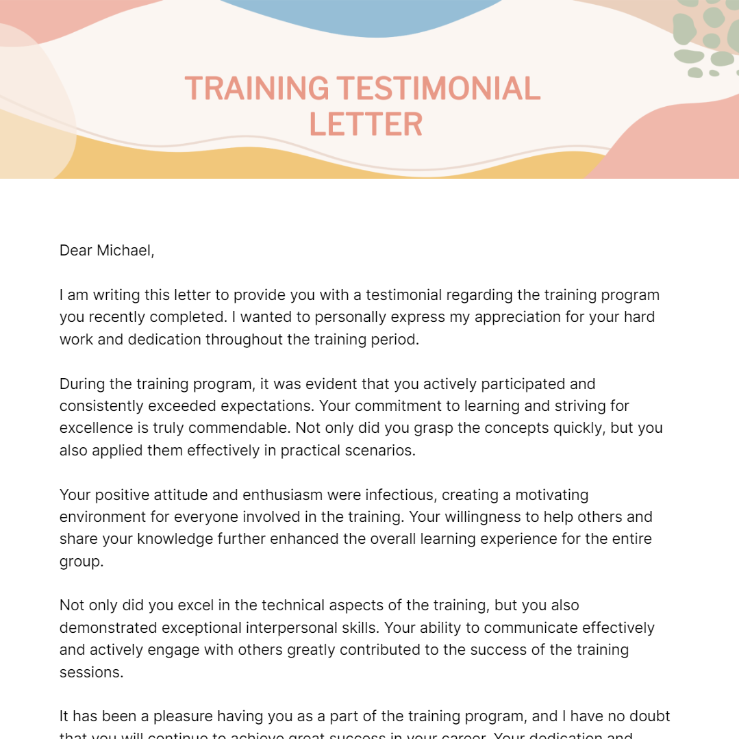 Training Testimonial Letter Template