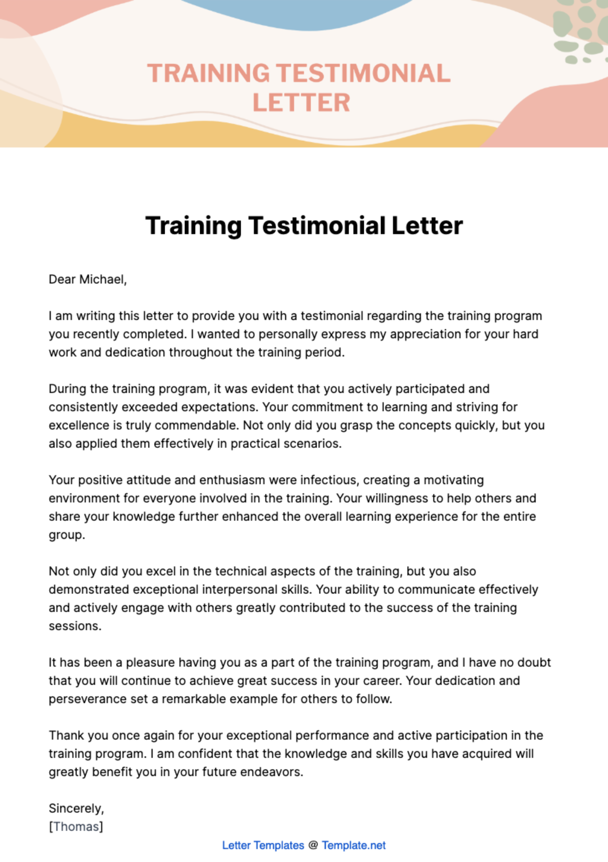 Free Training Testimonial Letter Template