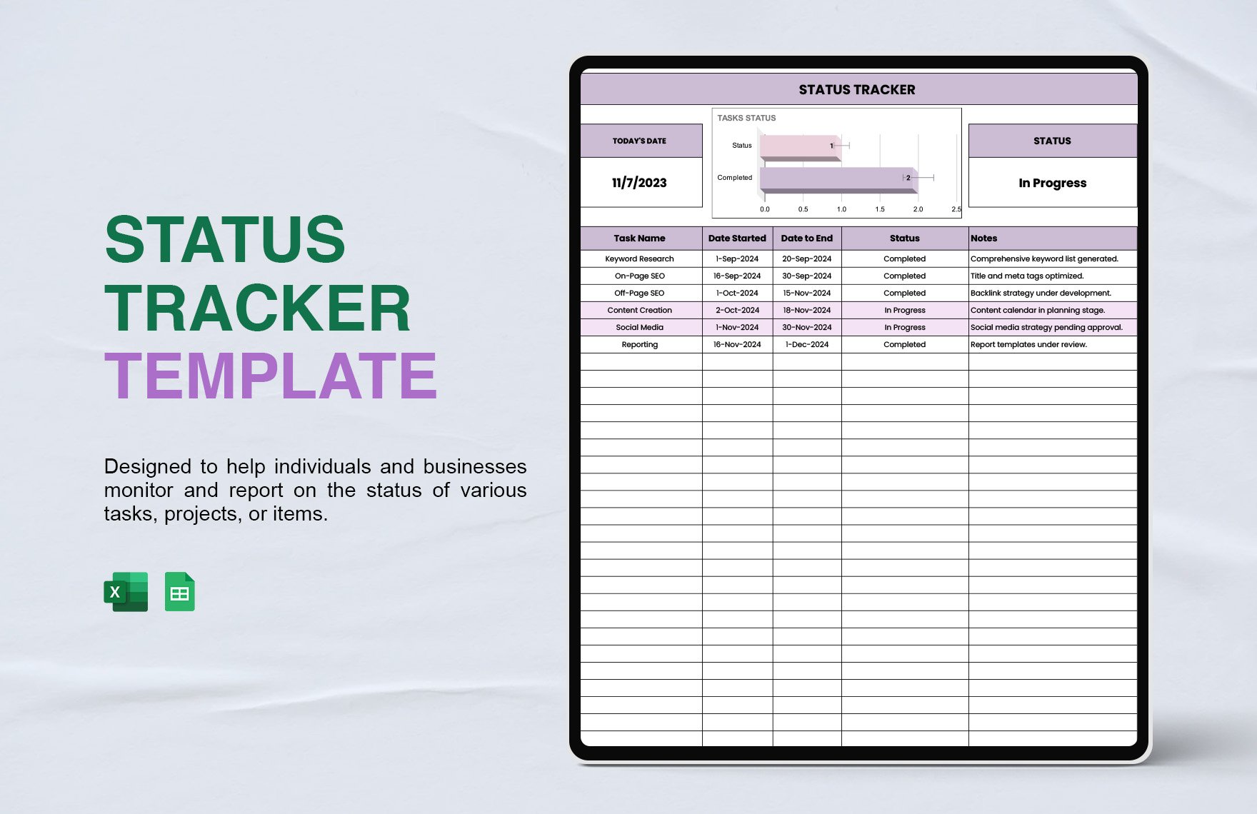 Free Status Tracker Template in Excel, Google Sheets