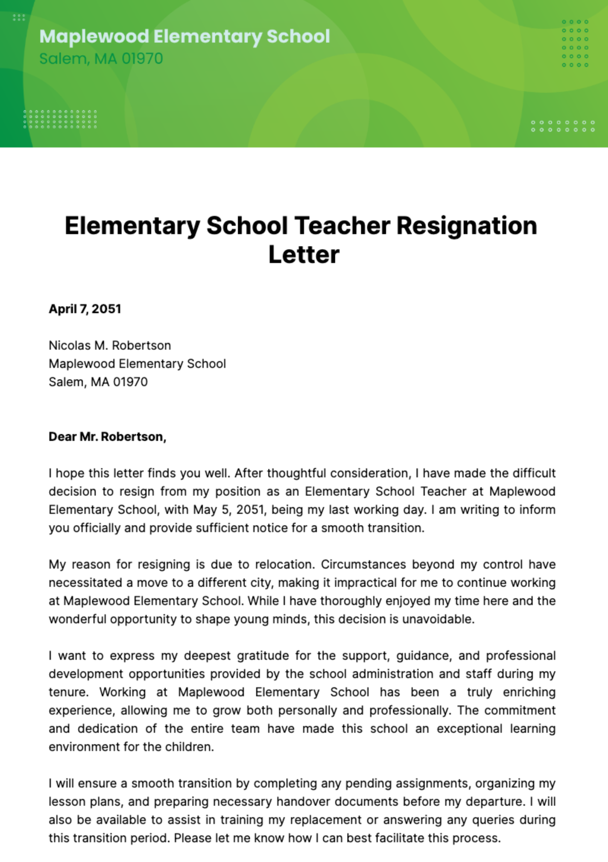 Elementary School Teacher Resignation Letter  Template