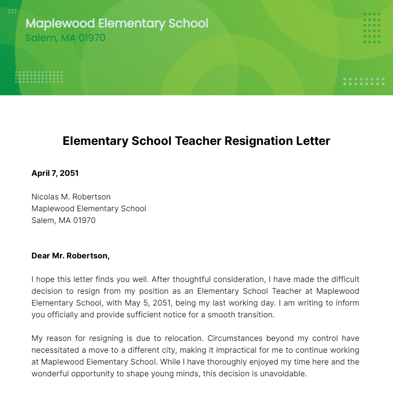 Elementary School Teacher Resignation Letter  Template