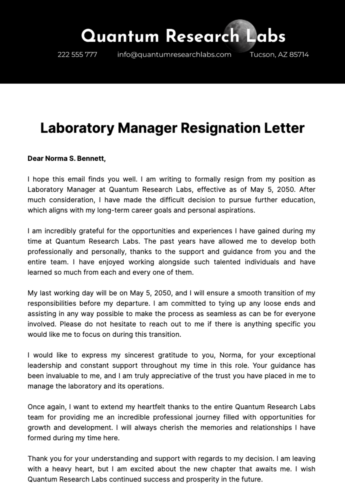 Free Laboratory Manager Resignation Letter  Template