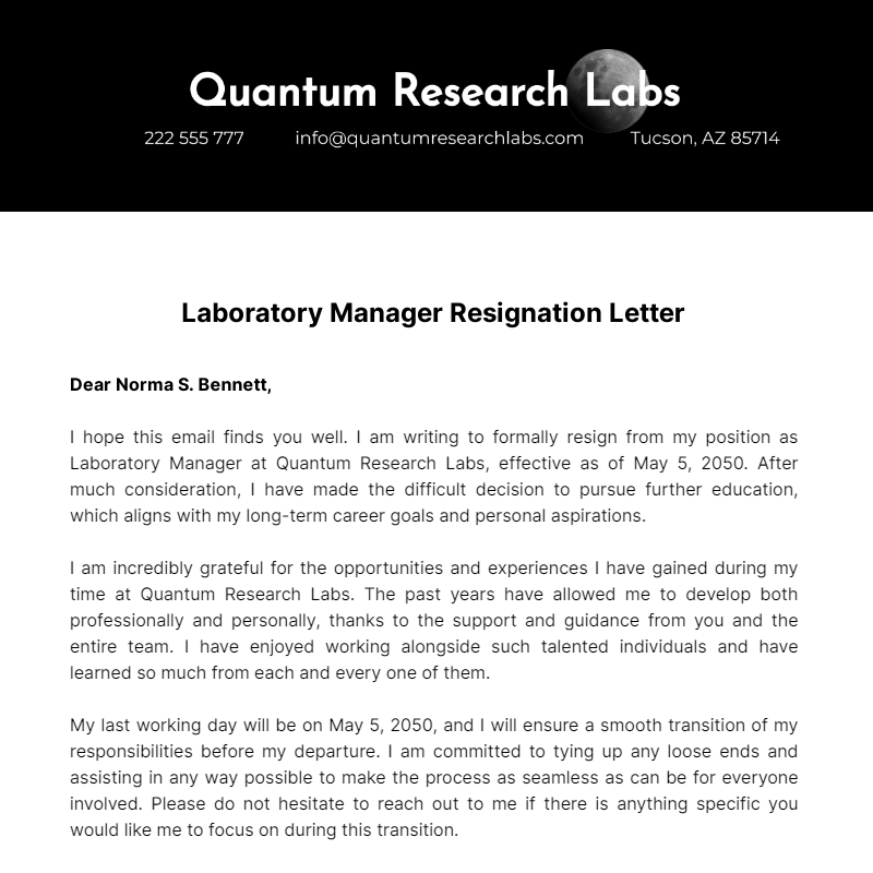 Laboratory Manager Resignation Letter  Template