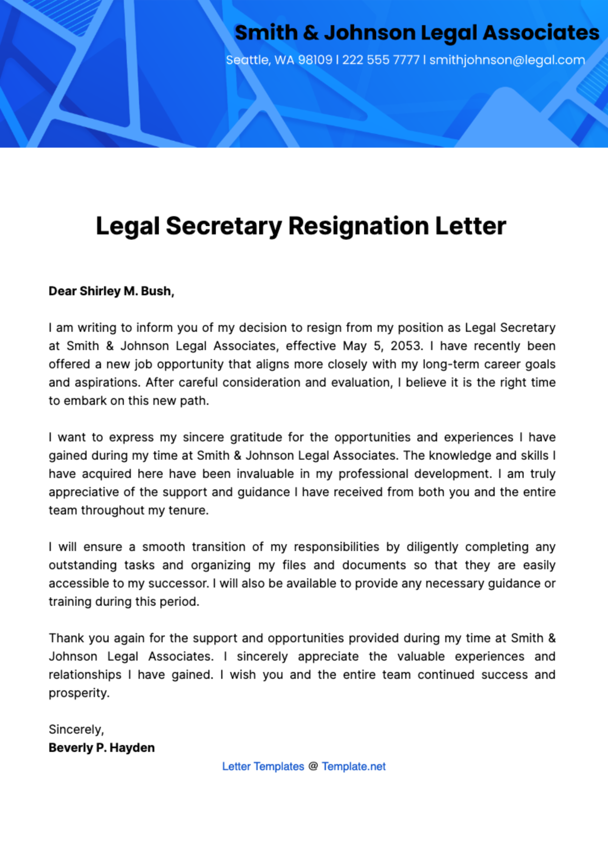 Free Legal Secretary Resignation Letter  Template