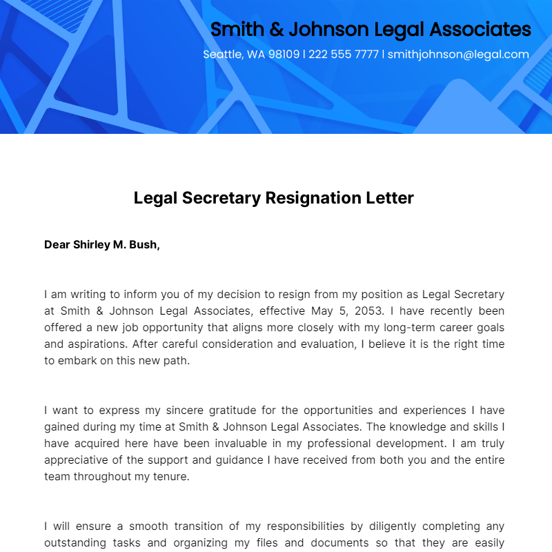 Legal Secretary Resignation Letter  Template