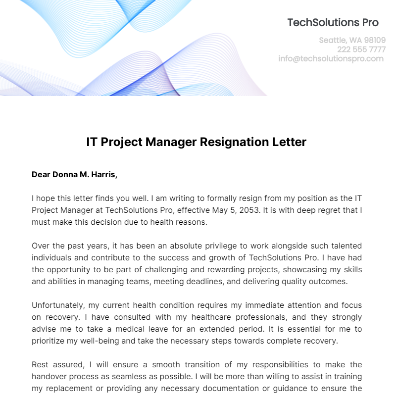 IT Project Manager Resignation Letter  Template