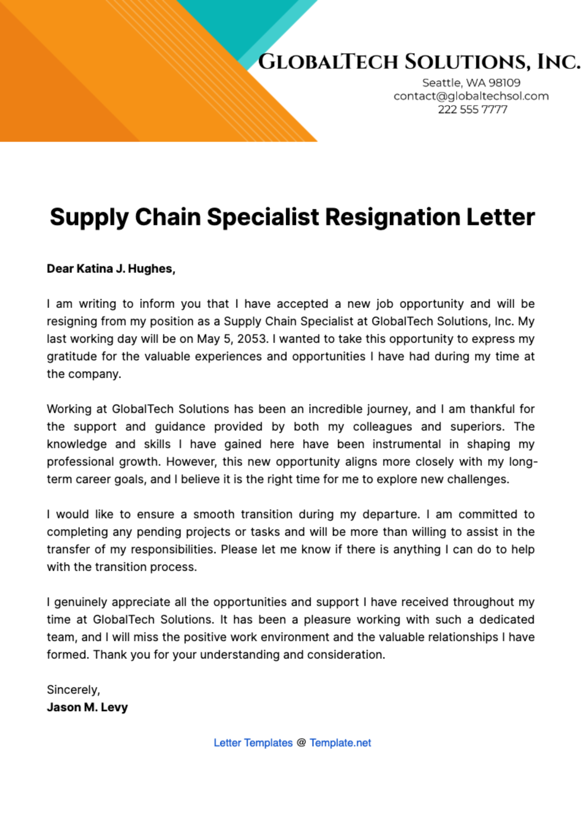 Free Supply Chain Specialist Resignation Letter  Template