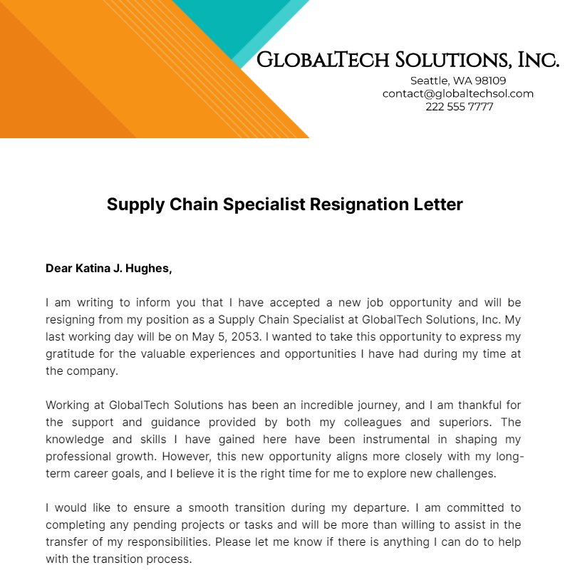 Supply Chain Specialist Resignation Letter  Template