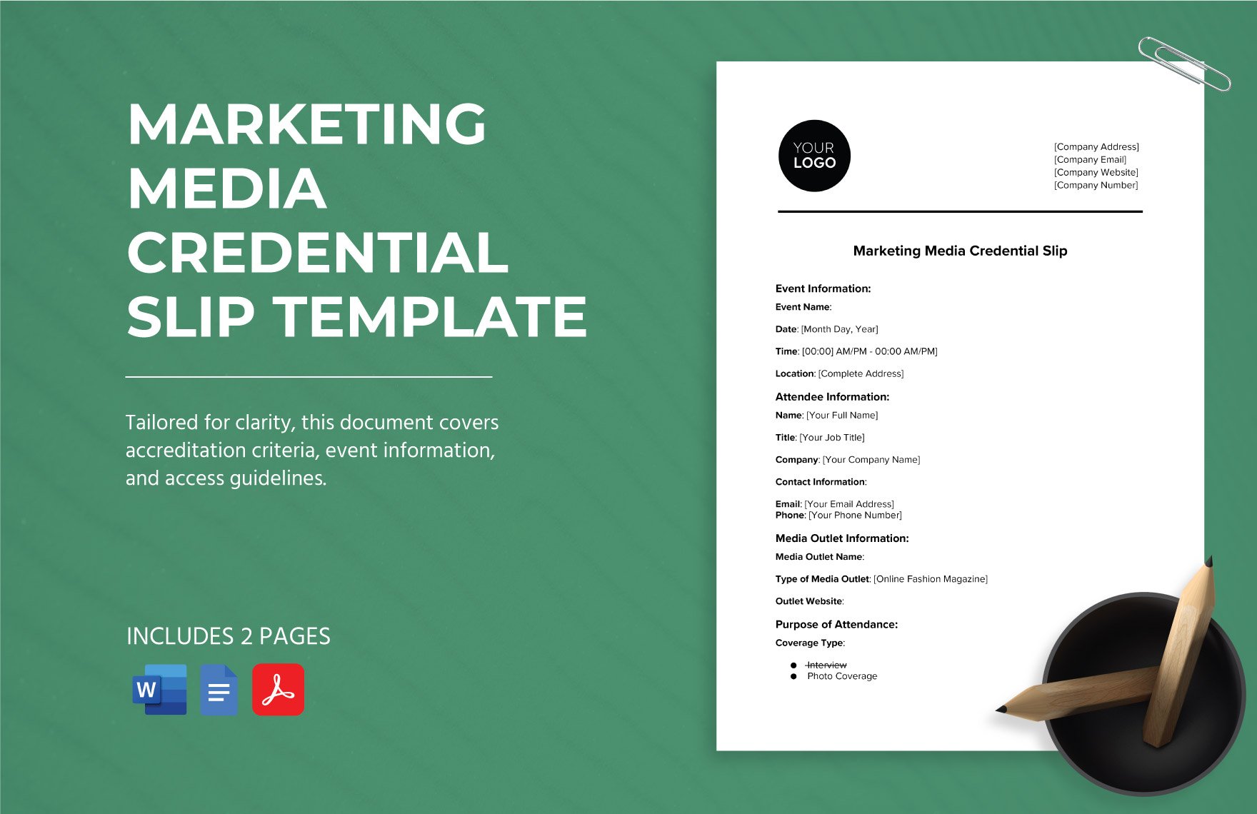 Marketing Media Credential Slip Template in Word, Google Docs, PDF