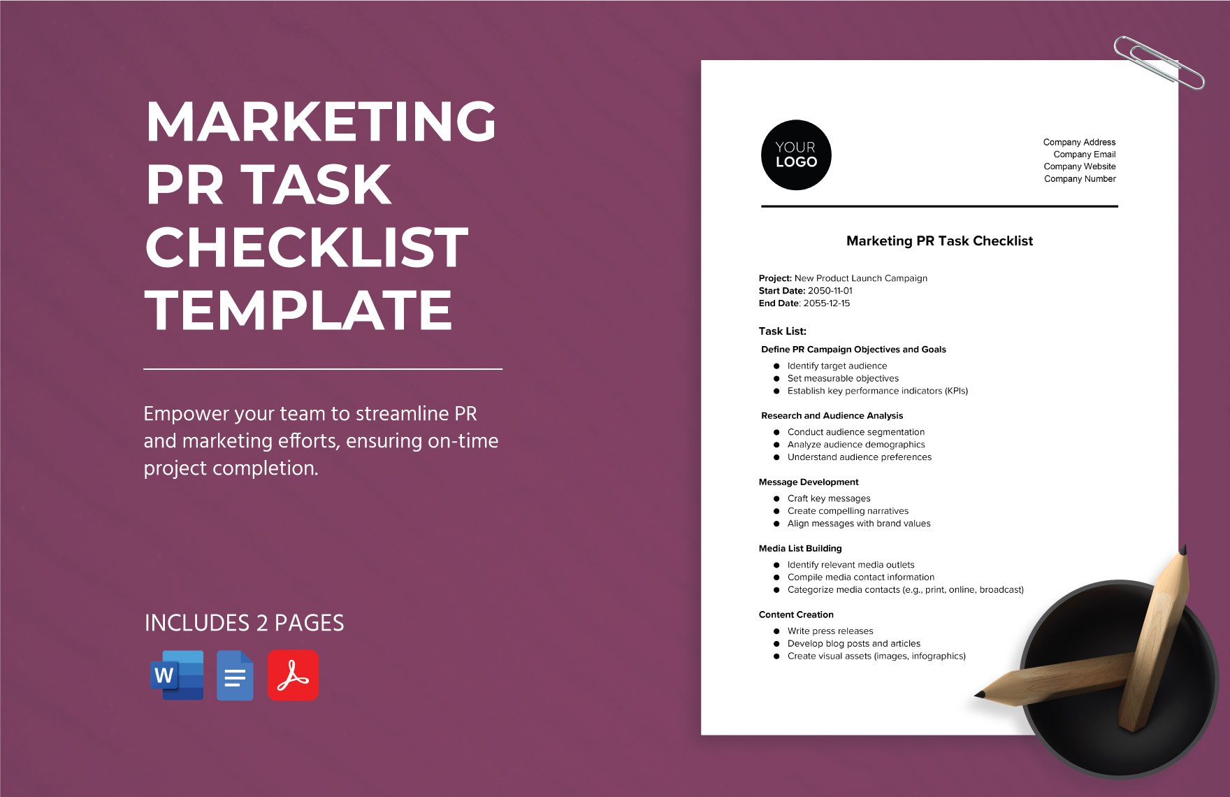 Marketing PR Task Checklist Template in Word, Google Docs, PDF