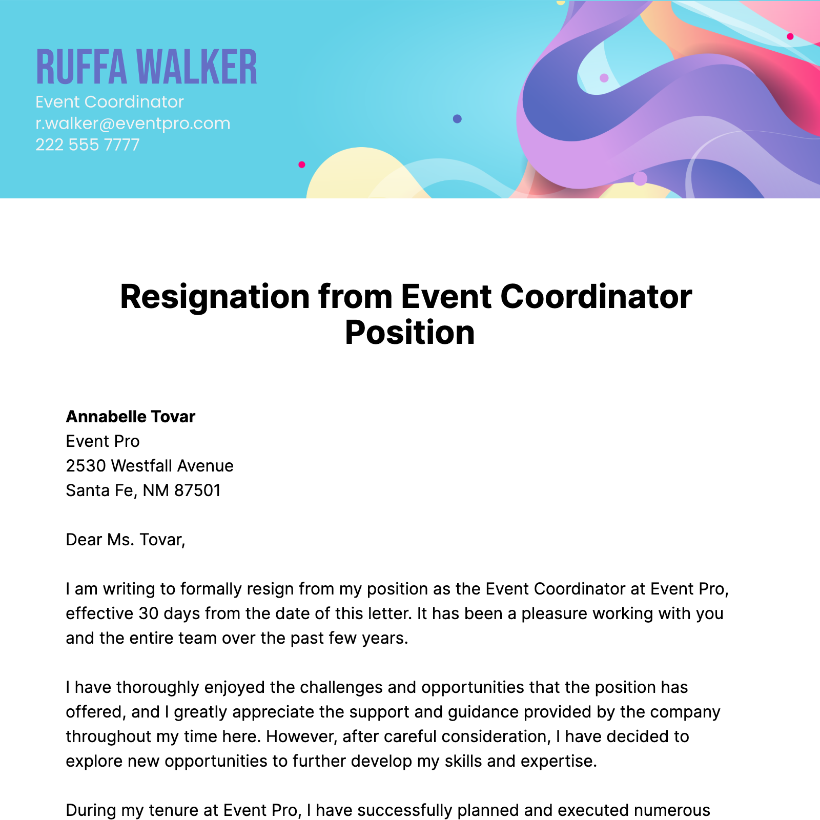Event Coordinator Resignation Letter  Template