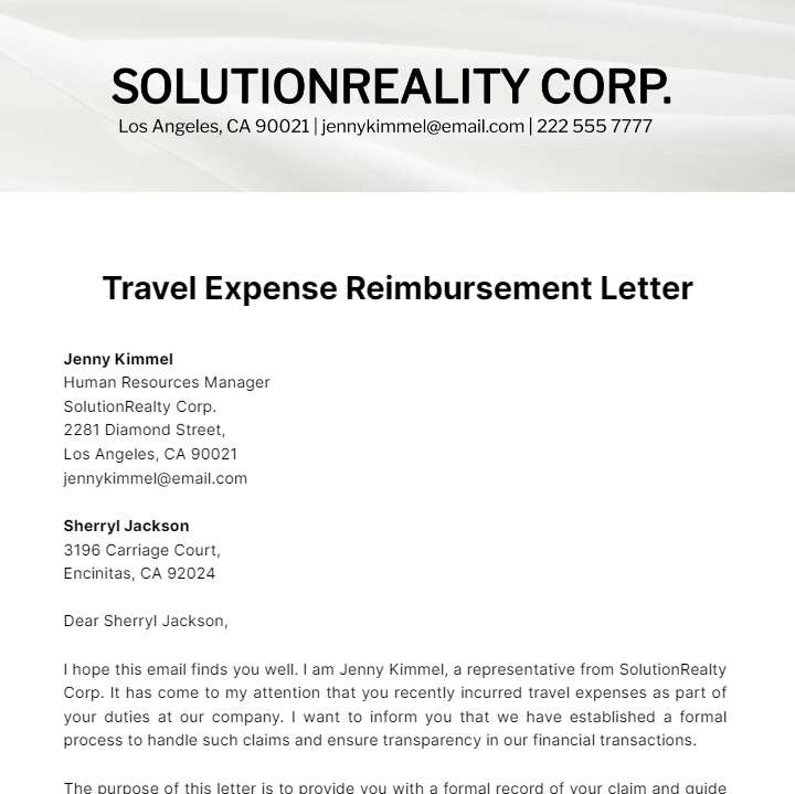 Travel Expense Reimbursement Request Letter  Template