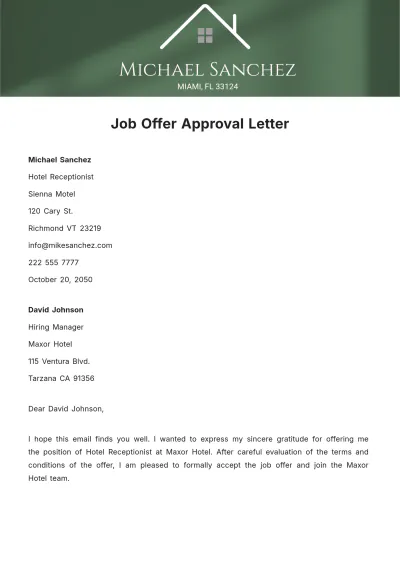 Free Job Offer Approval Letter  Template to Edit Online