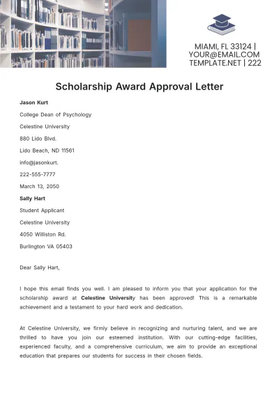 Free Scholarship Award Approval Letter  Template to Edit Online