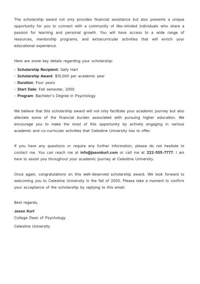 Free Scholarship Award Approval Letter  Template to Edit Online